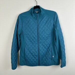 Talbots Women's Medium Teal Quilted Full Zip Jacket Zip Packets Nylon Knit